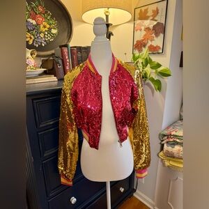 Daisy Pink and Gold Sequin Cropped Bomber Jacket